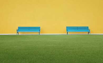 Serene minimalist scene of green grass field with two wooden benches on hilltop and yellow wall, perfect for outdoor park settings, landscape themes or background use.