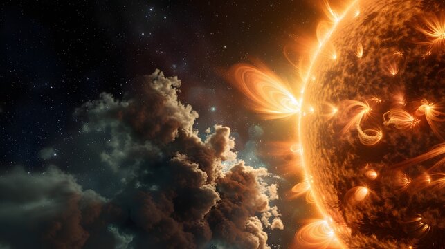 Extreme close-up of the sun with solar flares. Dynamic surface plasma and heat energy releasing against a cold, starry cosmic background.