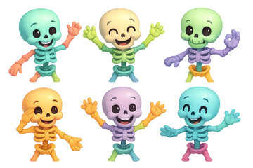 Png set of playful colorful skeletons with cheerful expressions isolated on transparent background. concept of fun halloween decor, joyful characters, comic bone figures for design