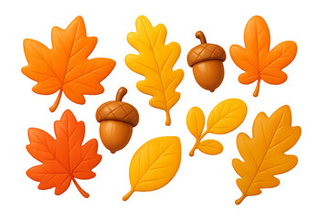 Naklejka premium Png set of autumn leaves and acorns in vibrant colors isolated on transparent background. concept of fall season decor, nature elements, botanical illustration.