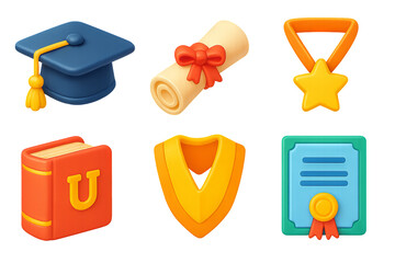 Png 3d university set featuring cap, diploma, medal, book, graduation stole, certificate isolated on transparent background. concept of education icons, graduation elements, academic achievements.