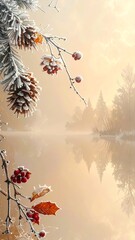Frosty branches reflecting on tranquil water.