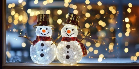 Two illuminated snowmen with top hats and scarves, standing in front of a window with fairy lights, against a dark background.