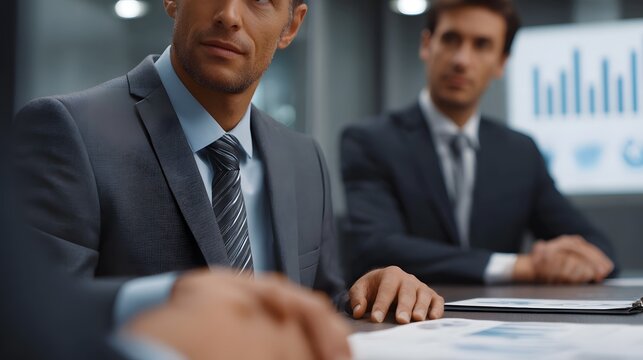 Business executives in a modern boardroom discussion analyzing charts on a screen