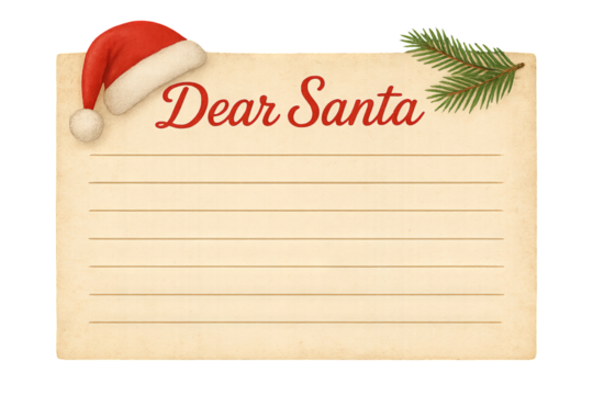 Png vintage christmas letter template with santa hat and pine sprig on transparent background. concept of holiday stationery, festive writing, merry christmas card design