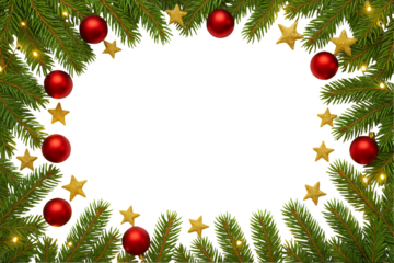 Png festive christmas border with evergreen branches, red baubles, and gold stars isolated on transparent background. concept of holiday decor, seasonal decoration, winter celebration elements