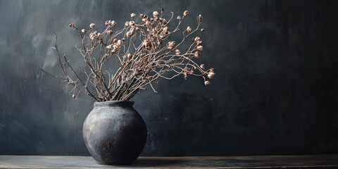 A dried flower arrangement in a rustic black vase on a dark, textured background.