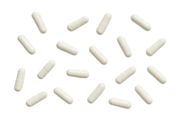 Png set of white capsules isolated on transparent background. concept of pharmaceutical pills, medicine components, healthcare medication. clip art for design, medical resources