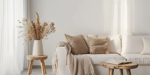 A cozy, minimalist living room with a white couch, wooden coffee table, and a vase of dried flowers on the coffee table.