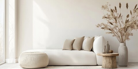 A minimalist living room with a white sofa, cushions, and a vase of dried flowers on a wooden table.