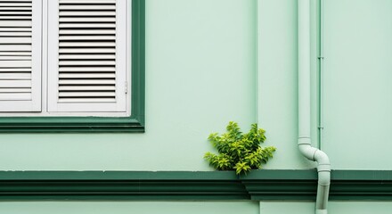 Minimalist architectural detail of a resilient green plant sprouting from a ledge on a pastel mint wall next to a white louvered window and drainpipe