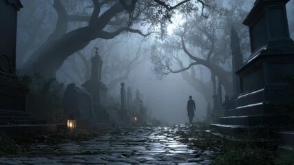 Lonely figure walking in mysterious foggy cemetery with bare trees at dawn - Powered by Adobe