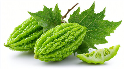 Fresh Bitter Melon with Leaf Greens and Cut Slice, Whole and Sliced Bitter Gourd Arranged on Leaves