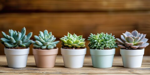 Five small succulents in various colors and textures, arranged in a row on a wooden surface with a wooden background.