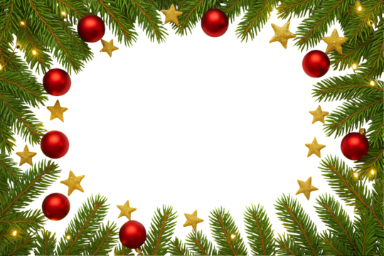 Png festive christmas border with evergreen branches, red baubles, and gold stars isolated on transparent background. concept of holiday decor, seasonal decoration, winter celebration elements