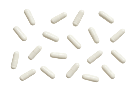 Png set of white capsules isolated on transparent background. concept of pharmaceutical pills, medicine components, healthcare medication. clip art for design, medical resources