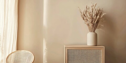 A beige wall with a vase of dried grasses on a wooden side table, a wicker chair, and a curtain in the background.