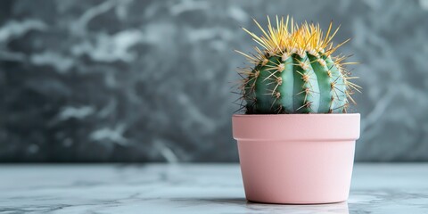 A small cactus plant in a pink pot, with yellow and green leaves, on a marble surface with a gray background.