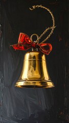 Golden bell adorned with red ribbon for Christmas.