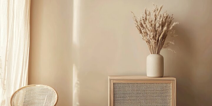 A beige wall with a vase of dried grasses on a wooden side table, a wicker chair, and a curtain in the background.