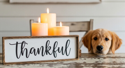 Image of candle, dog, and thankful sign on table, expressing gratitude and appreciation. Warm, inviting, and peaceful atmosphere, home decoration
