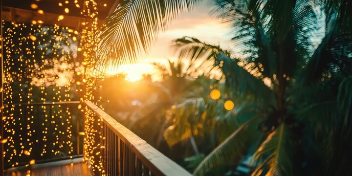 A serene tropical balcony with palm trees and string lights at sunset, with a wooden railing and a view of the ocean.