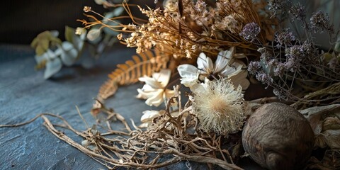 Dried flowers and leaves arranged on a rustic wooden table with a blue and white background.