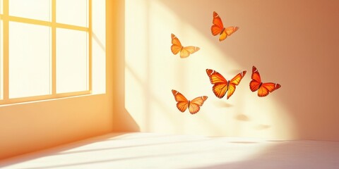 A serene bedroom with a window, a bed, and a collection of orange butterflies flying around.