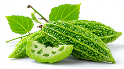 Fresh Bitter Melon with Tender Vine and Sliced Piece, Whole and Cut Bitter Gourd Arranged with Young Leaves