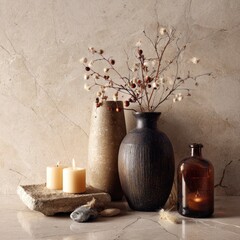 A still life arrangement of dried flowers in a dark brown vase, accompanied by a small rock and a small stone, set against a beige marble background.