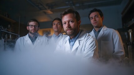 Four scientists in lab coats stand in a foggy laboratory during a research experiment