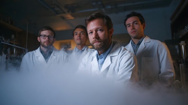 Four scientists in lab coats stand in a foggy laboratory during a research experiment