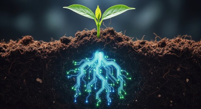 Futuristic Seedling Sprouting from Soil with Glowing Blue Digital Circuit Board Roots Representing Biotechnology.