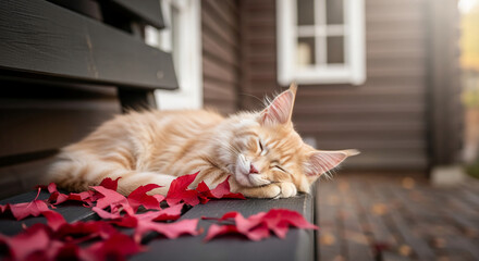 Close-up of an orange tabby cat sleeping on a bench with red autumn leaves, representing peaceful rest and seasonal transition in nature