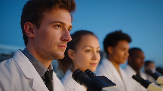 Diverse scientists and students in lab coats observing microscopes outdoors at dusk - Powered by Adobe