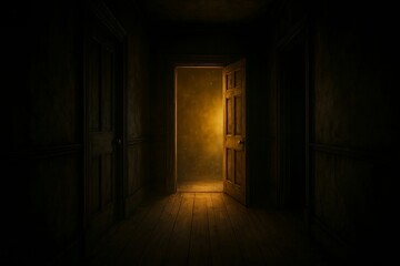 Obraz premium Mysterious Open Door with Golden Light in Dark Hallway