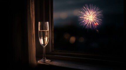 Celebrating New Year alone with a glass of champagne by the window as fireworks light up the night sky