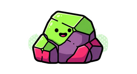Cartoon rock character with green and purple colors