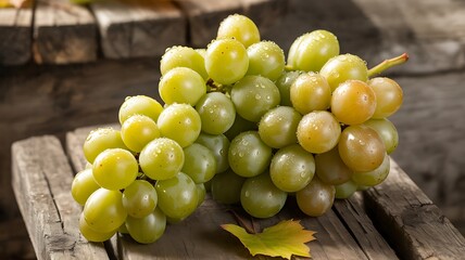A close up view of a ripe bunch of green grapes resting on a weathered wooden surface with a single fallen leaf nearby