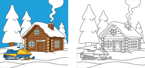 Coloring book page of snowmobile parked near wooden log cabin in winter forest. Cartoon landscape vector illustration with color guide and black and white outline for kids education.