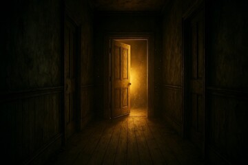 Obraz premium Mysterious Open Door with Golden Light in Dark Hallway