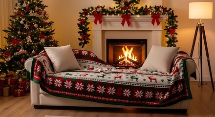 Cozy Christmas evening scene with a warm fireplace, festive decorations, and a comfortable sofa draped with a holiday-themed blanket, perfect for winter relaxation