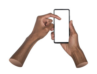 Phone in both hands. African American man using smartphone with white blank screen, tapping with