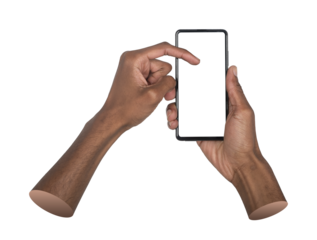 Phone in both hands. African American man using smartphone with white blank screen, tapping with