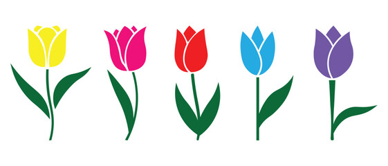 Collation of stylish tulip flower icon set with various color. Tulip silhouette vector design for decorative templates. Flat design style isolated on white. Vector illustration.