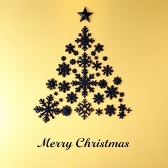 Minimalist Christmas Tree Made of Black Snowflakes on Smooth Golden Texture. Upscale Holiday Greeting_5
