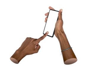 Phone in both hands. African American man holding smartphone at tilted angle, tapping blank screen