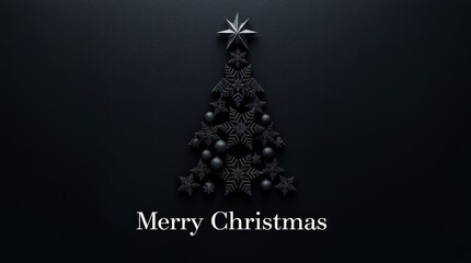 Minimalist Black Christmas Tree made of Snowflakes and Star on Dark Background Holiday Design_9