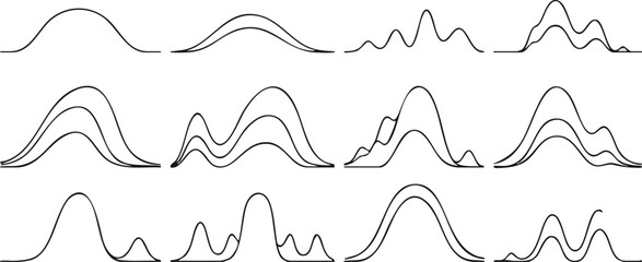 Variety of Curves Abstract Line Art Depicting Different Peak Patterns in Black and White