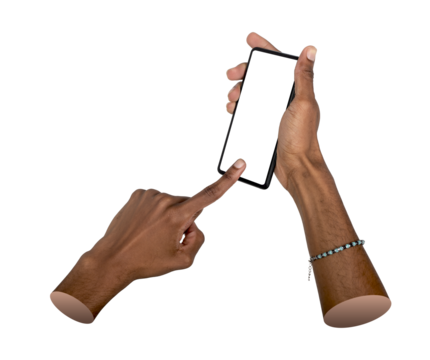 Phone in both hands. African American man holding smartphone at tilted angle, tapping blank screen
